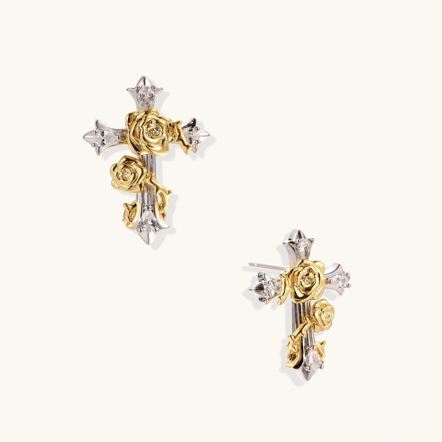 Two-tone cross earrings with gold roses and clear crystals on silver base, gothic romantic style