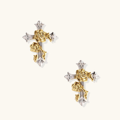 Two-tone cross earrings with gold roses and clear crystals on silver base, gothic romantic style