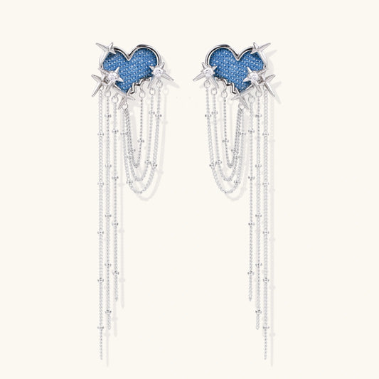 Blue denim cloud-shaped earrings with white gold plated chains, zirconia stars, and cascading silver chain details