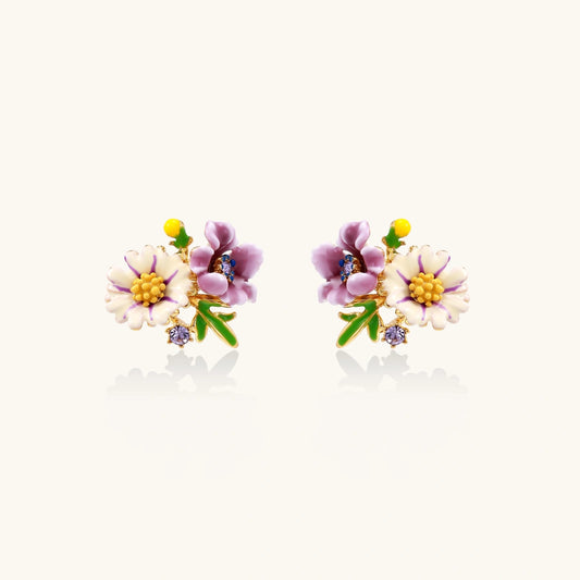 Cluster-style stud earrings with purple pansies, white daisies, yellow centers, and green leaves in glossy enamel finish