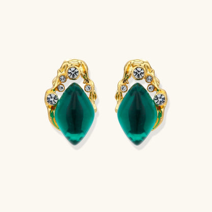 Gold-plated stud earrings featuring teardrop emerald green liuli stones with cubic zirconia crystal accents on white background.