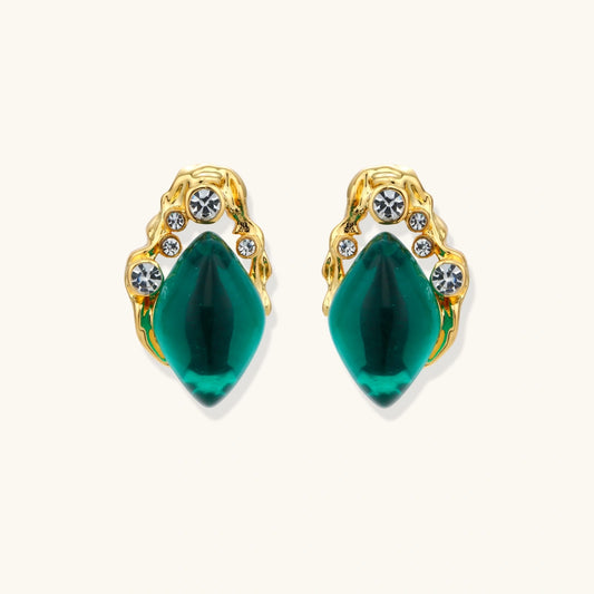 Gold-plated stud earrings featuring teardrop emerald green liuli stones with cubic zirconia crystal accents on white background.
